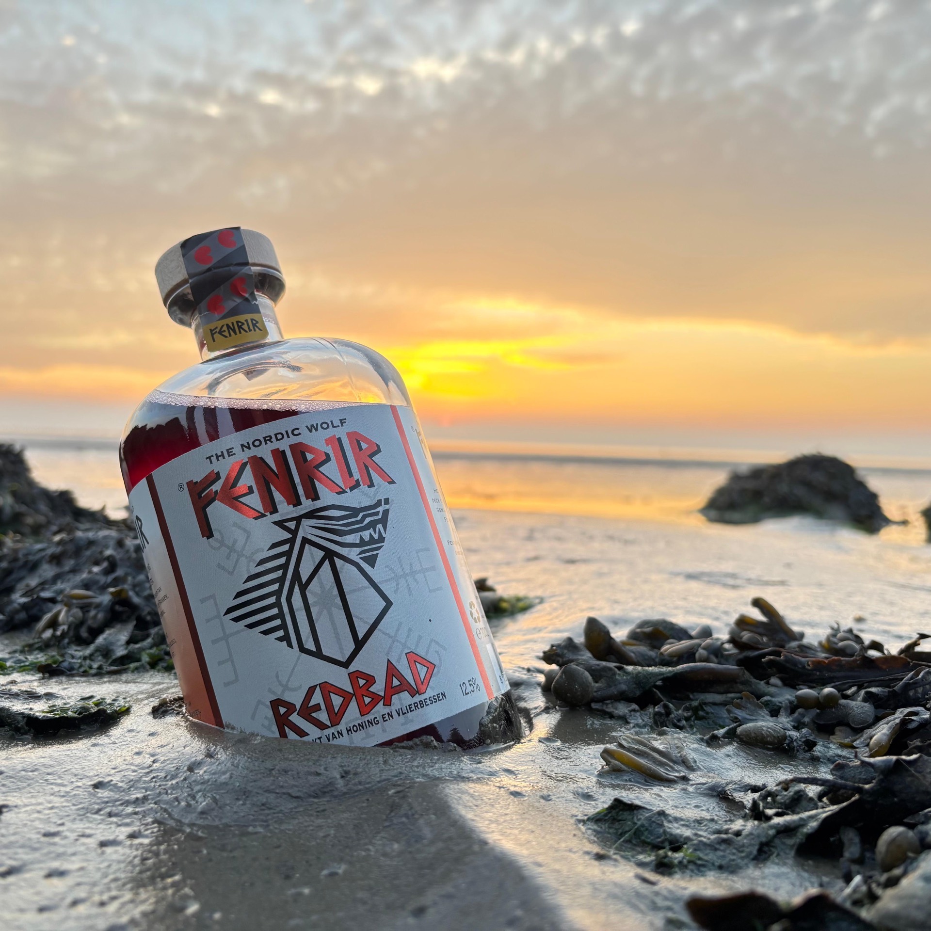 Fenrir Redbad bij zonsondergang op het Wad