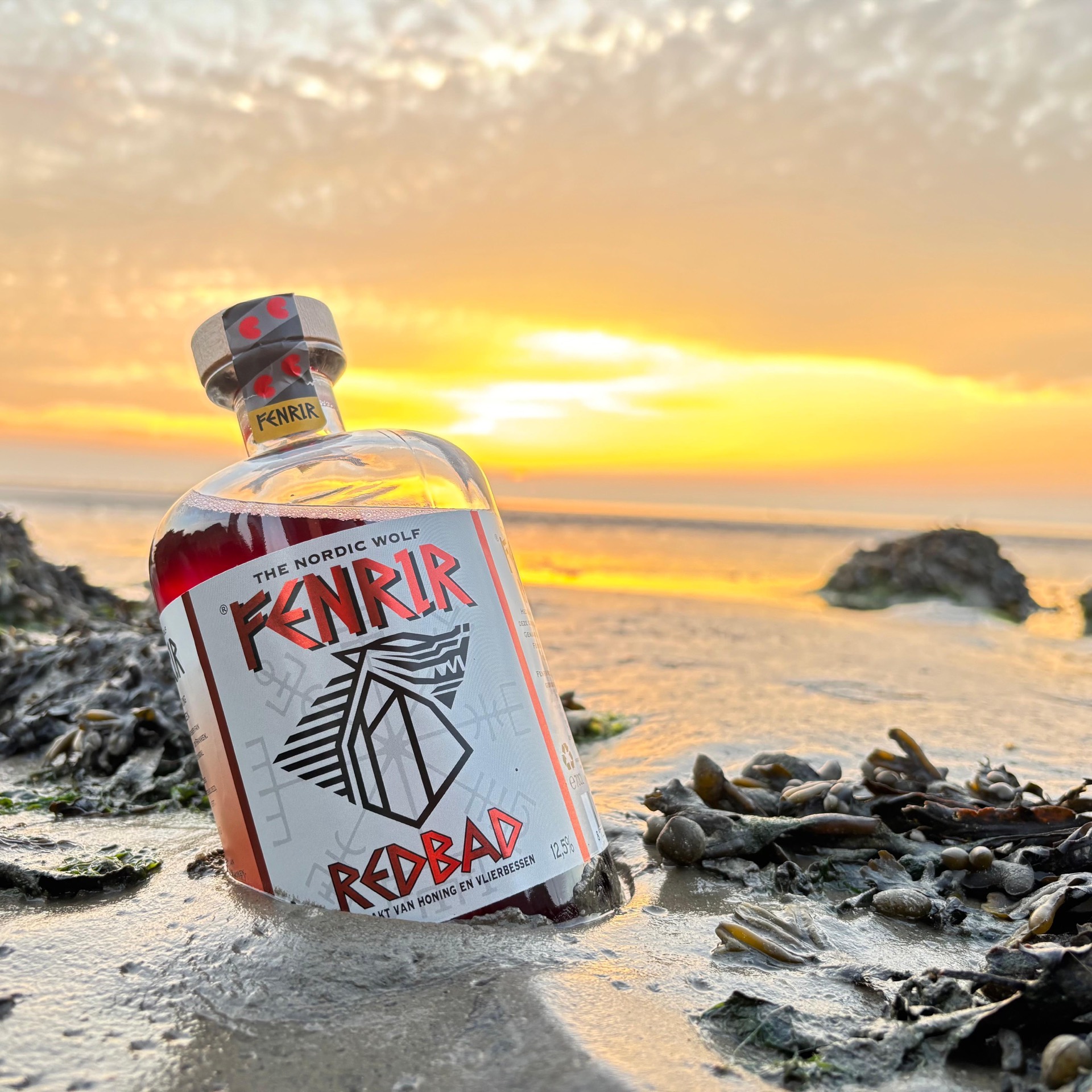 Fenrir Redbad fles bij zonsondergang op het Wad